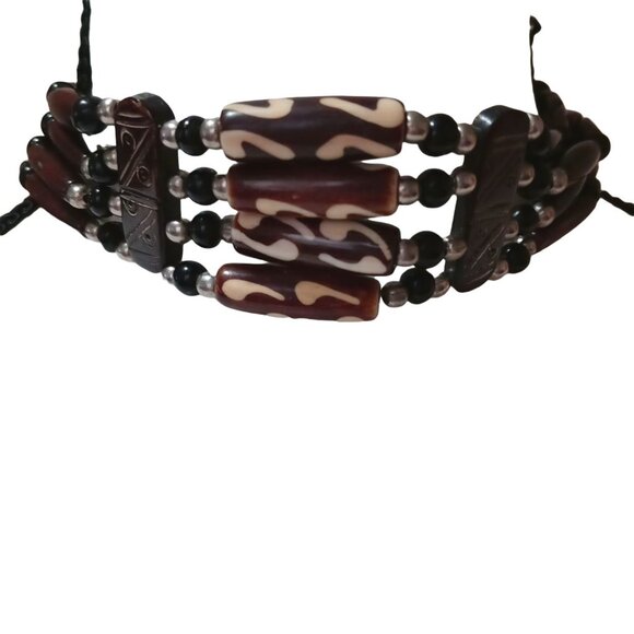 Brown Beaded Boho Choker Tribal Style Leather Tie Handmade - Picture 3 of 8